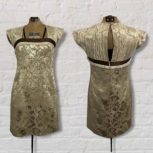 Signette Metallic Gold Floral Brocade Beige Lace Cap Sleeve Empire Waist Dress